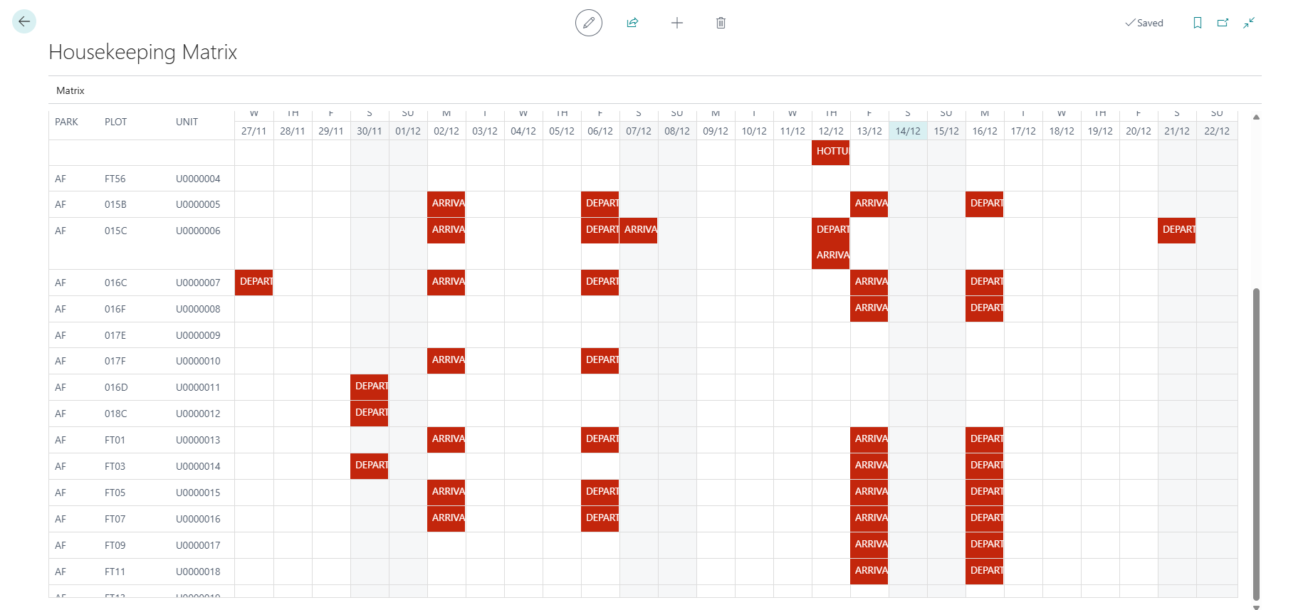 EliteParks Housekeeping Matrix screen in Dynamics 365 Business Central showing arrivals, departures, and hot tub service scheduling.