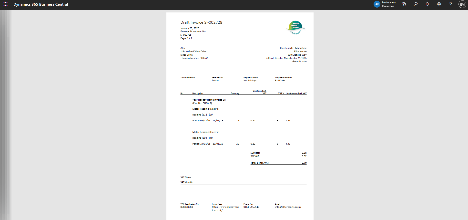 Draft customer invoice generated in EliteParks Finance module within Dynamics 365 Business Central, showing utility meter readings and charges.