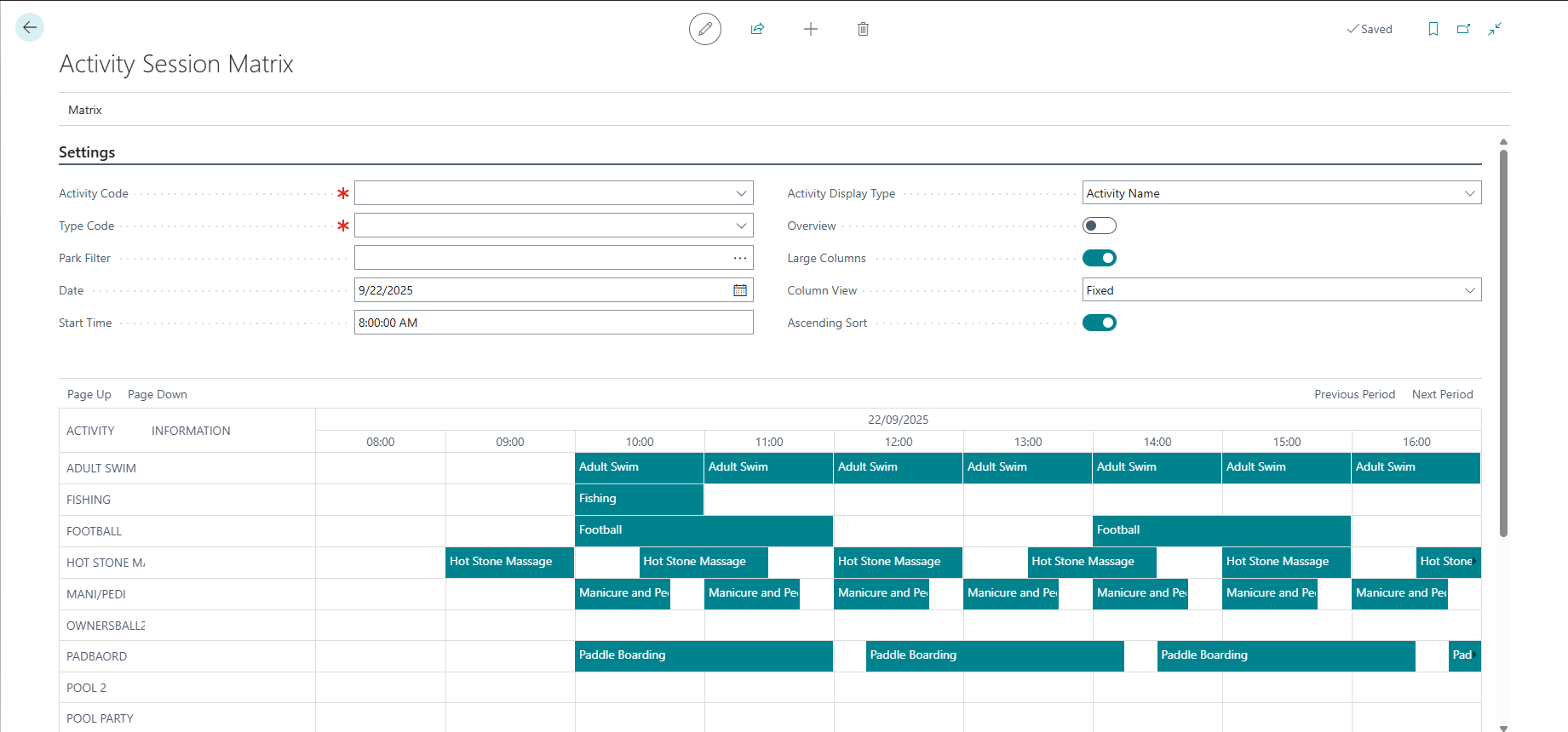 Activity Session Matrix in EliteParks showing daily timetable of activities including swimming, football, spa treatments, and paddle boarding