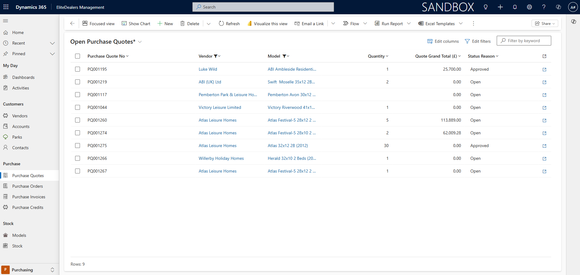 EliteDealers purchase management screen showing open purchase quotes for holiday home and lodge vendors.