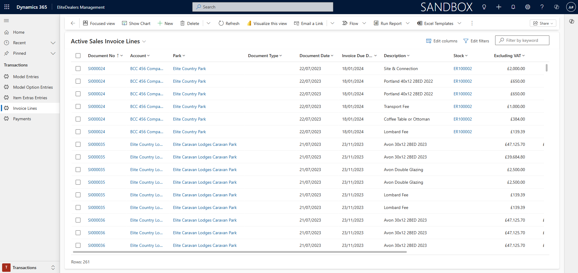 EliteDealers active sales invoice lines screen showing customer accounts, parks, invoice details, and amounts.